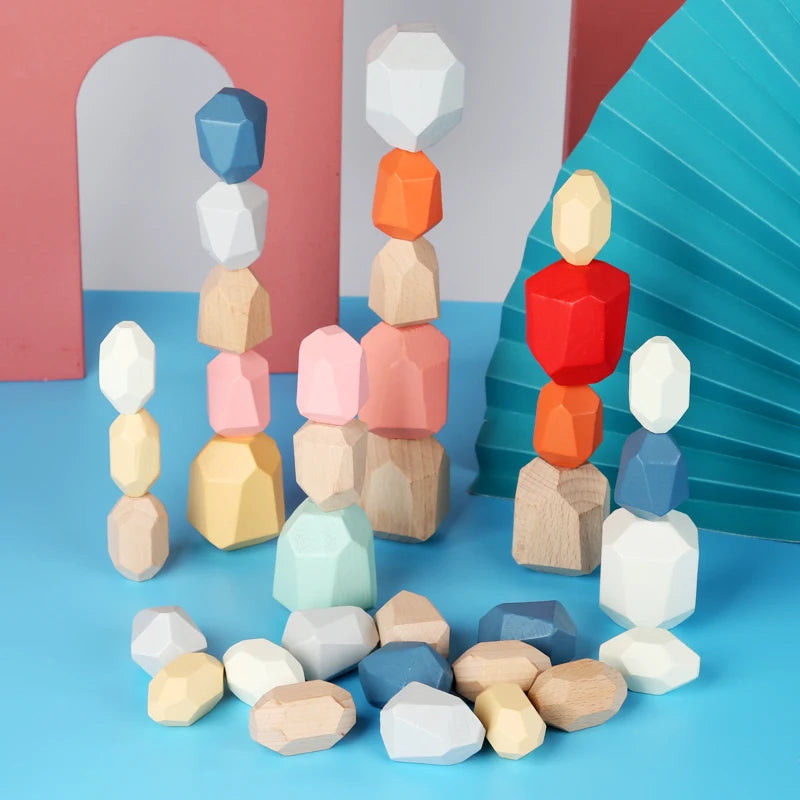 Wooden Sorting Stacking Rocks Stones Sensory Toddler Toys Learning Montessori
