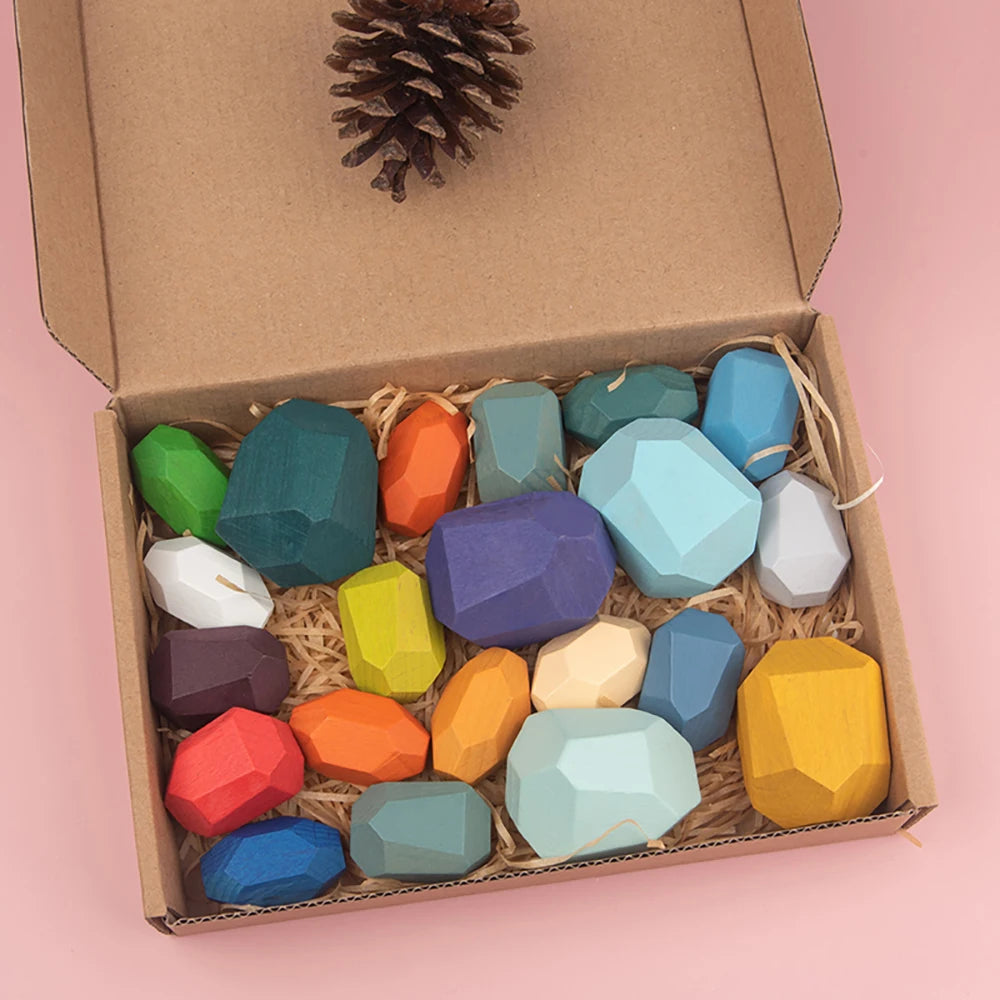 Wooden Sorting Stacking Rocks Stones Sensory Toddler Toys Learning Montessori