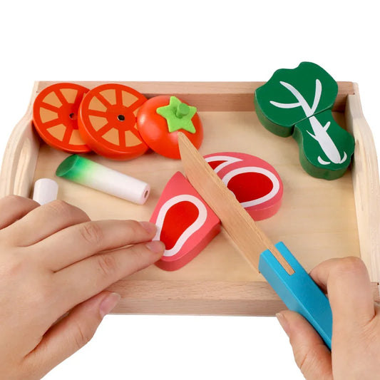 Wooden Pretend Play Kitchen – Montessori Simulation Toy | Educational Cutting Fruit & Vegetable Set for Kids | Role-Playing Game for Children