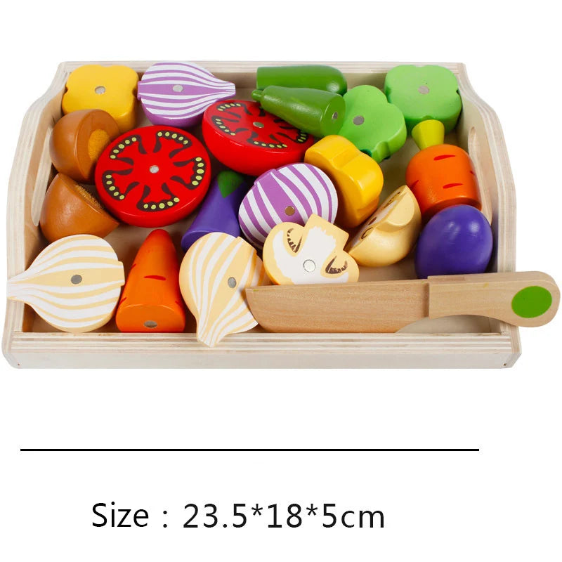 Wooden Pretend Play Kitchen – Montessori Simulation Toy | Educational Cutting Fruit & Vegetable Set for Kids | Role-Playing Game for Children