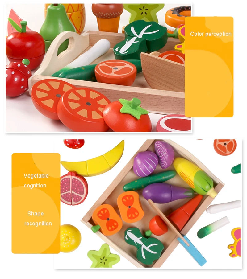 Wooden Pretend Play Kitchen – Montessori Simulation Toy | Educational Cutting Fruit & Vegetable Set for Kids | Role-Playing Game for Children