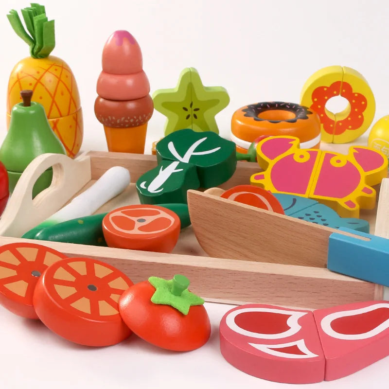 Wooden Pretend Play Kitchen – Montessori Simulation Toy | Educational Cutting Fruit & Vegetable Set for Kids | Role-Playing Game for Children
