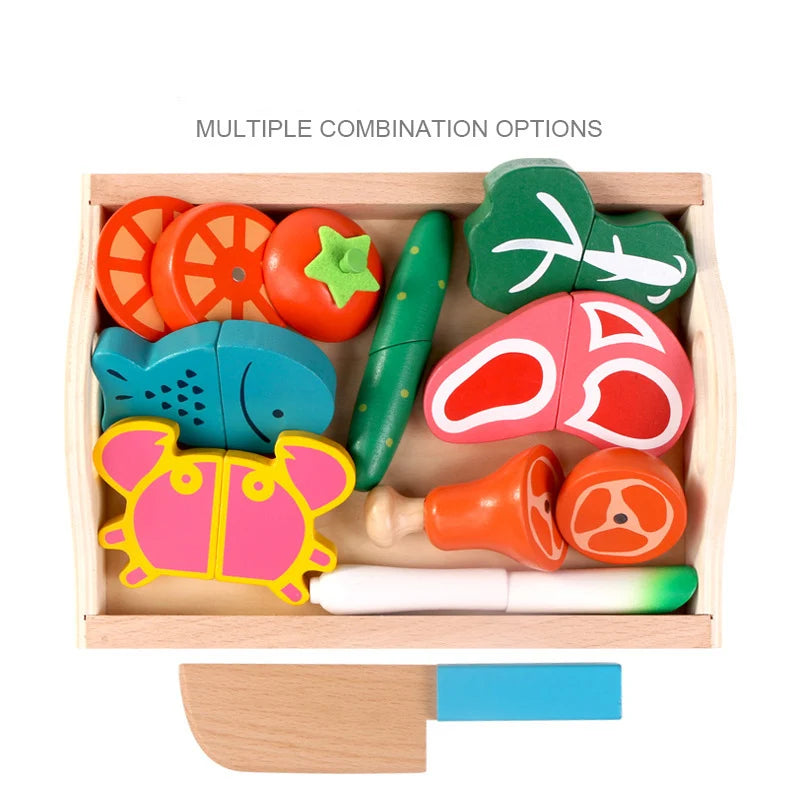 Wooden Pretend Play Kitchen – Montessori Simulation Toy | Educational Cutting Fruit & Vegetable Set for Kids | Role-Playing Game for Children