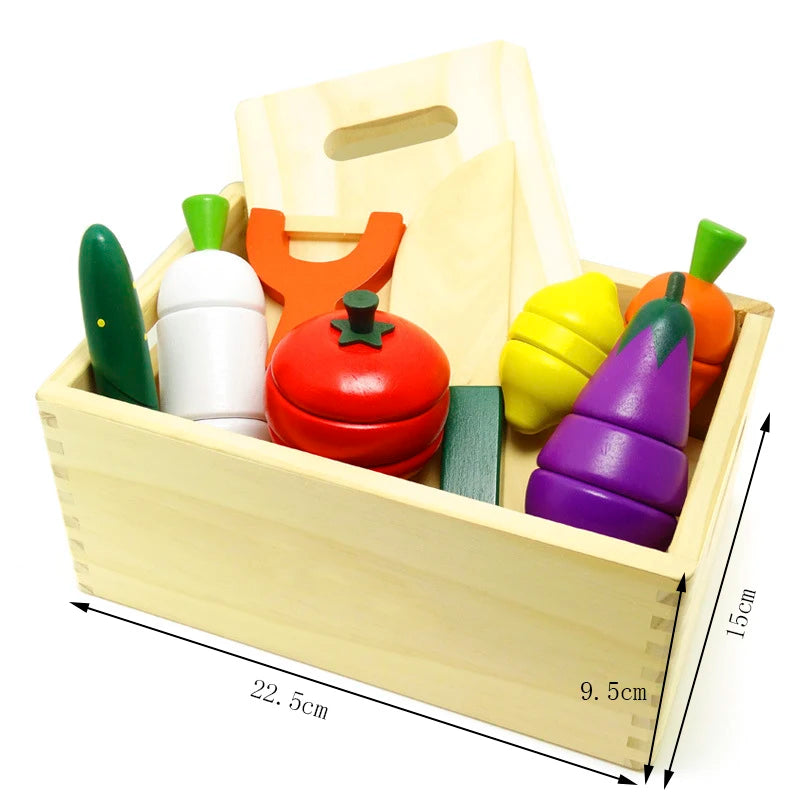 Wooden Pretend Play Kitchen – Montessori Simulation Toy | Educational Cutting Fruit & Vegetable Set for Kids | Role-Playing Game for Children