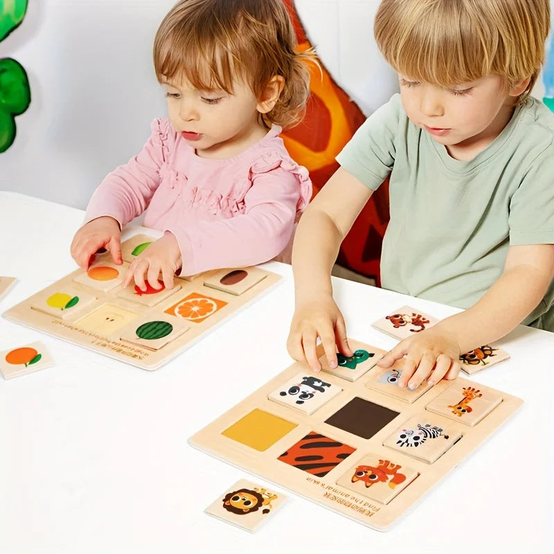 Wooden Cognitive Matching Puzzle – Montessori Fruit & Animal Pairing Board | Educational Toy for Toddlers & Kids