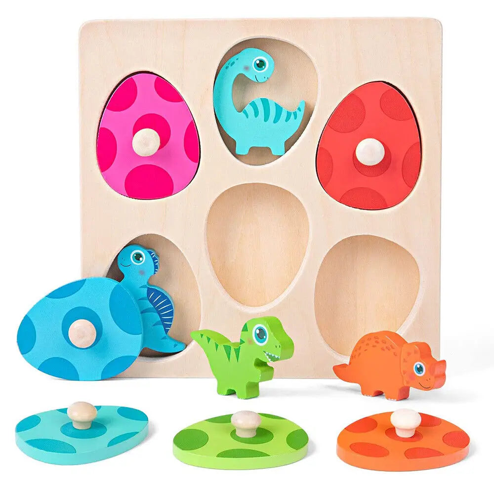 Montessori-style peg puzzle with dinosaur egg shapes