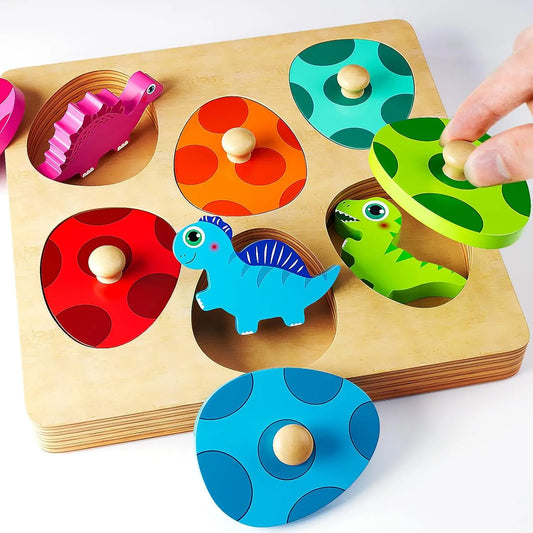 Montessori-style peg puzzle with dinosaur egg shapes