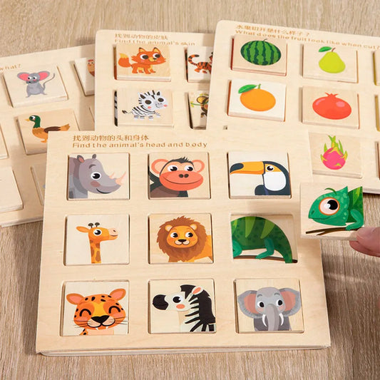 Wooden Cognitive Matching Puzzle – Montessori Fruit & Animal Pairing Board | Educational Toy for Toddlers & Kids