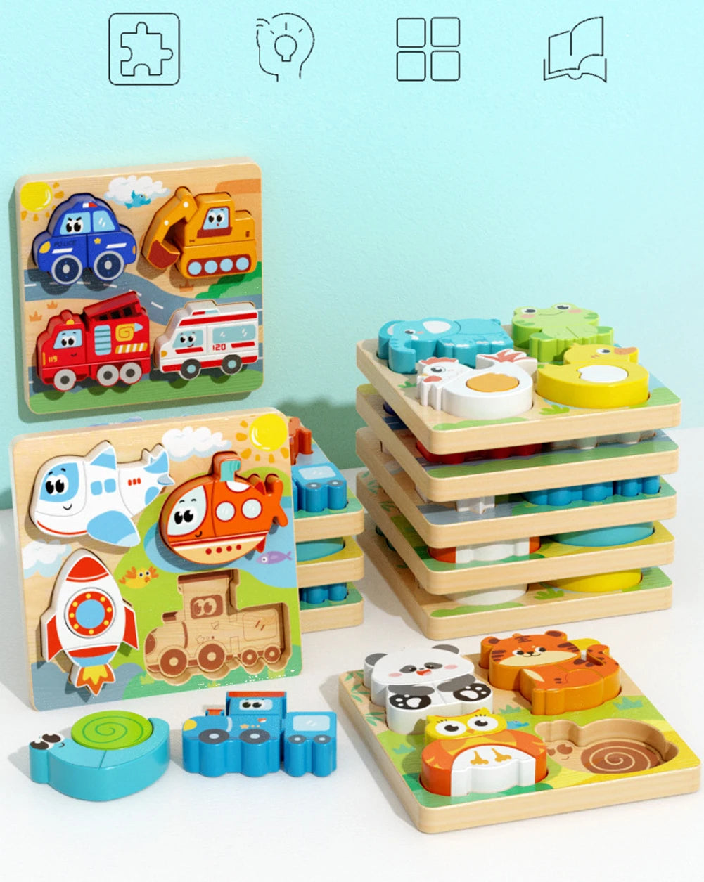 4-in-1 Wooden 3D Cartoon Animal Cognitive Puzzle