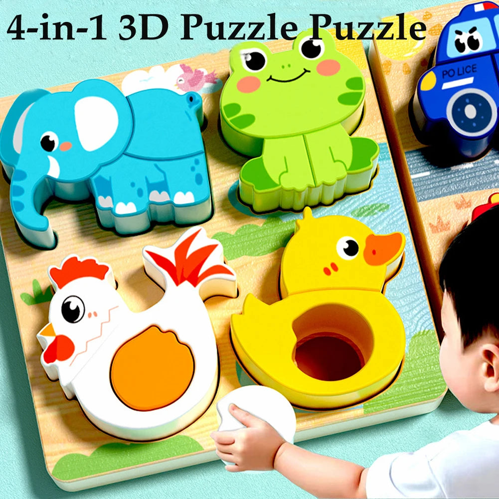4-in-1 Wooden 3D Cartoon Animal Cognitive Puzzle
