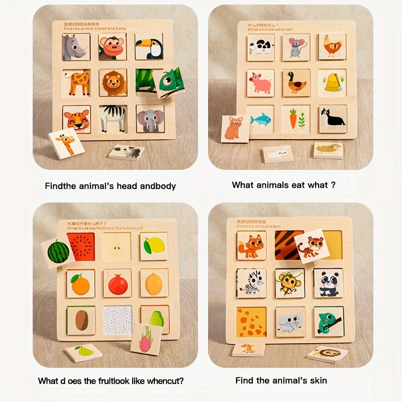Wooden Cognitive Matching Puzzle – Montessori Fruit & Animal Pairing Board | Educational Toy for Toddlers & Kids