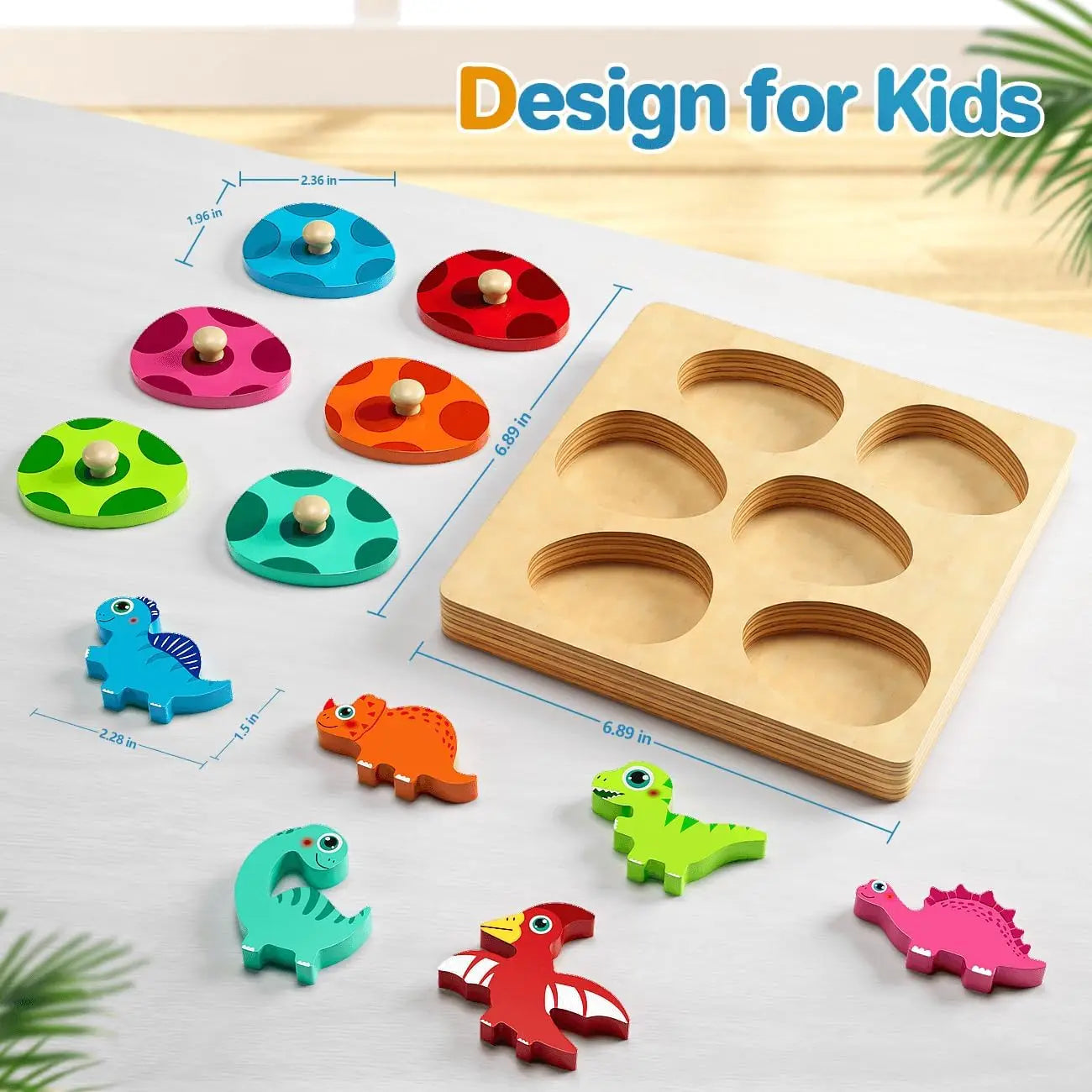 Montessori-style peg puzzle with dinosaur egg shapes