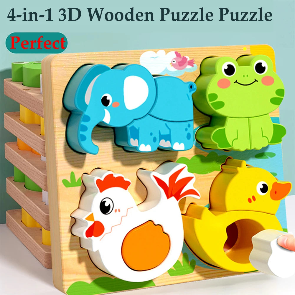 4-in-1 Wooden 3D Cartoon Animal Cognitive Puzzle