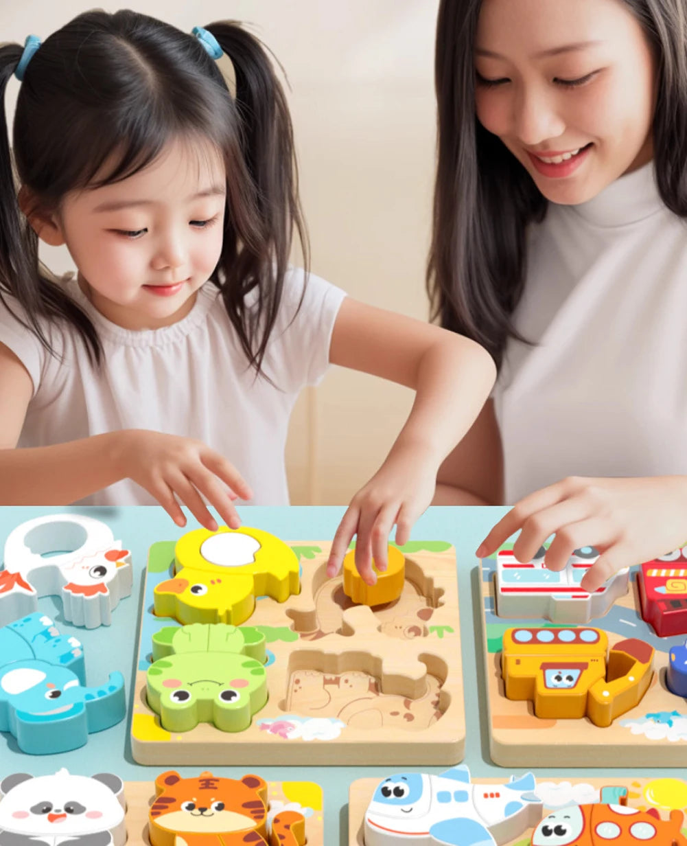4-in-1 Wooden 3D Cartoon Animal Cognitive Puzzle