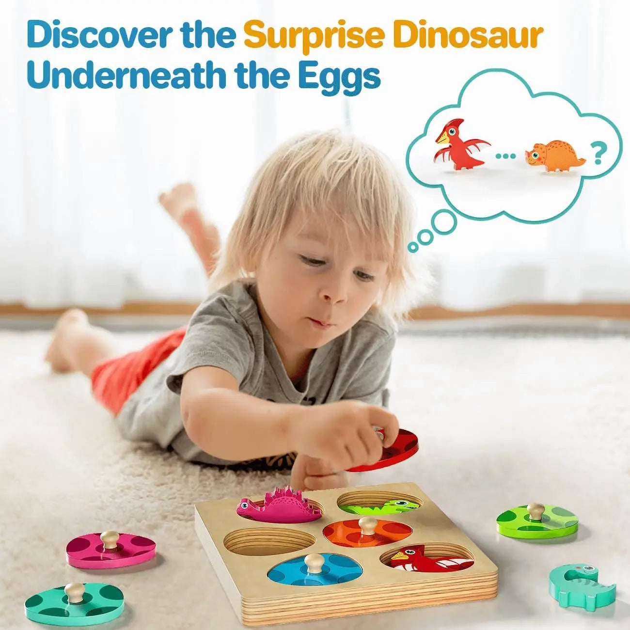 Montessori-style peg puzzle with dinosaur egg shapes