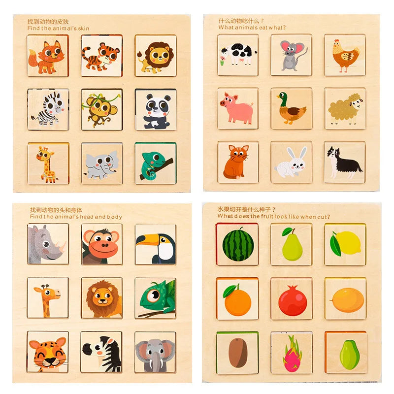 Wooden Cognitive Matching Puzzle – Montessori Fruit & Animal Pairing Board | Educational Toy for Toddlers & Kids